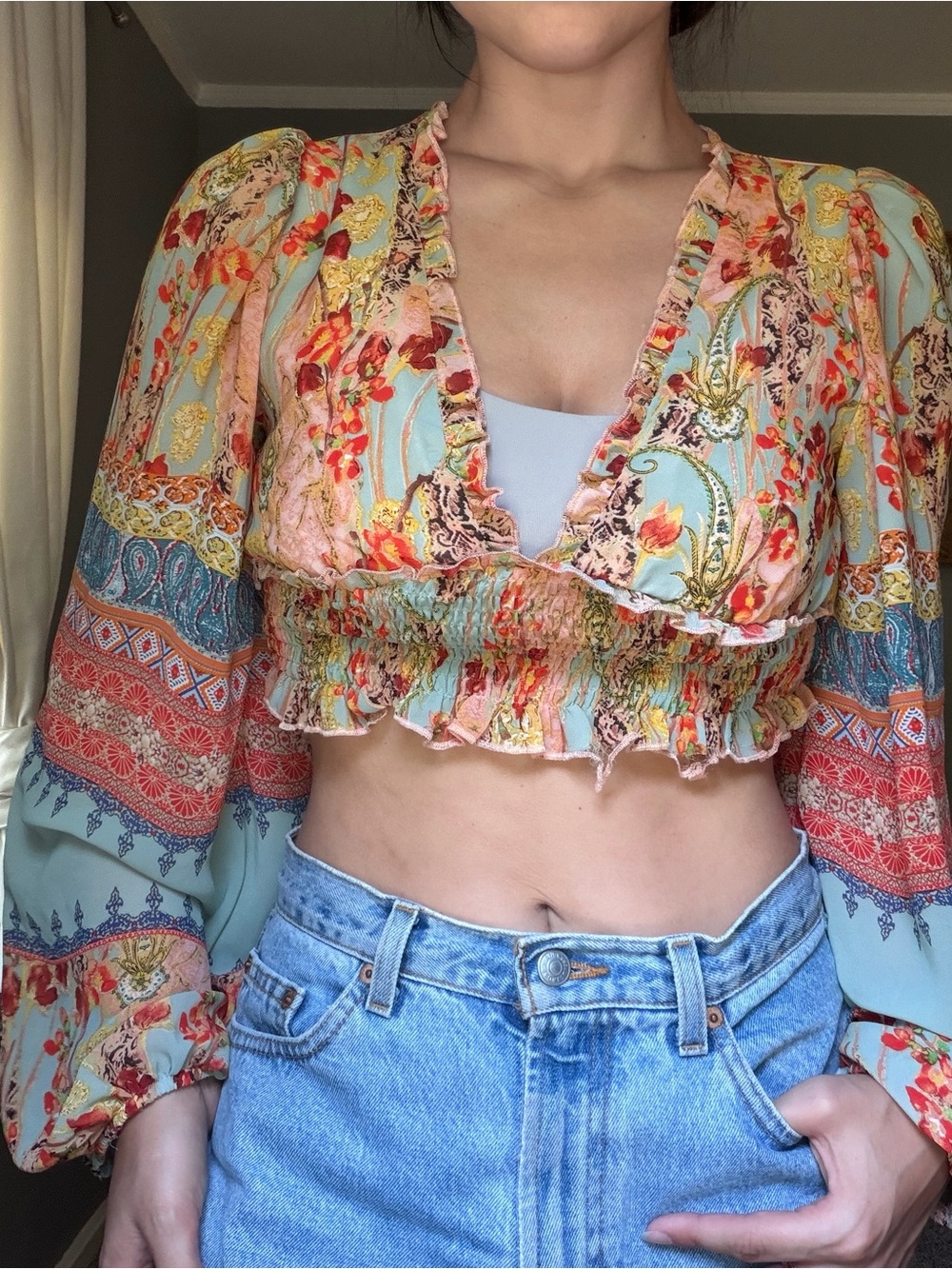 Sage & Coral Floral Smocked Cropped Peasant Top - Picture 2 of 13